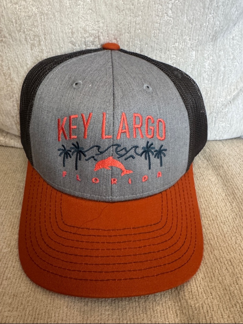 Key Largo Florida Embroidered Trucker Hat — Gray & Rust